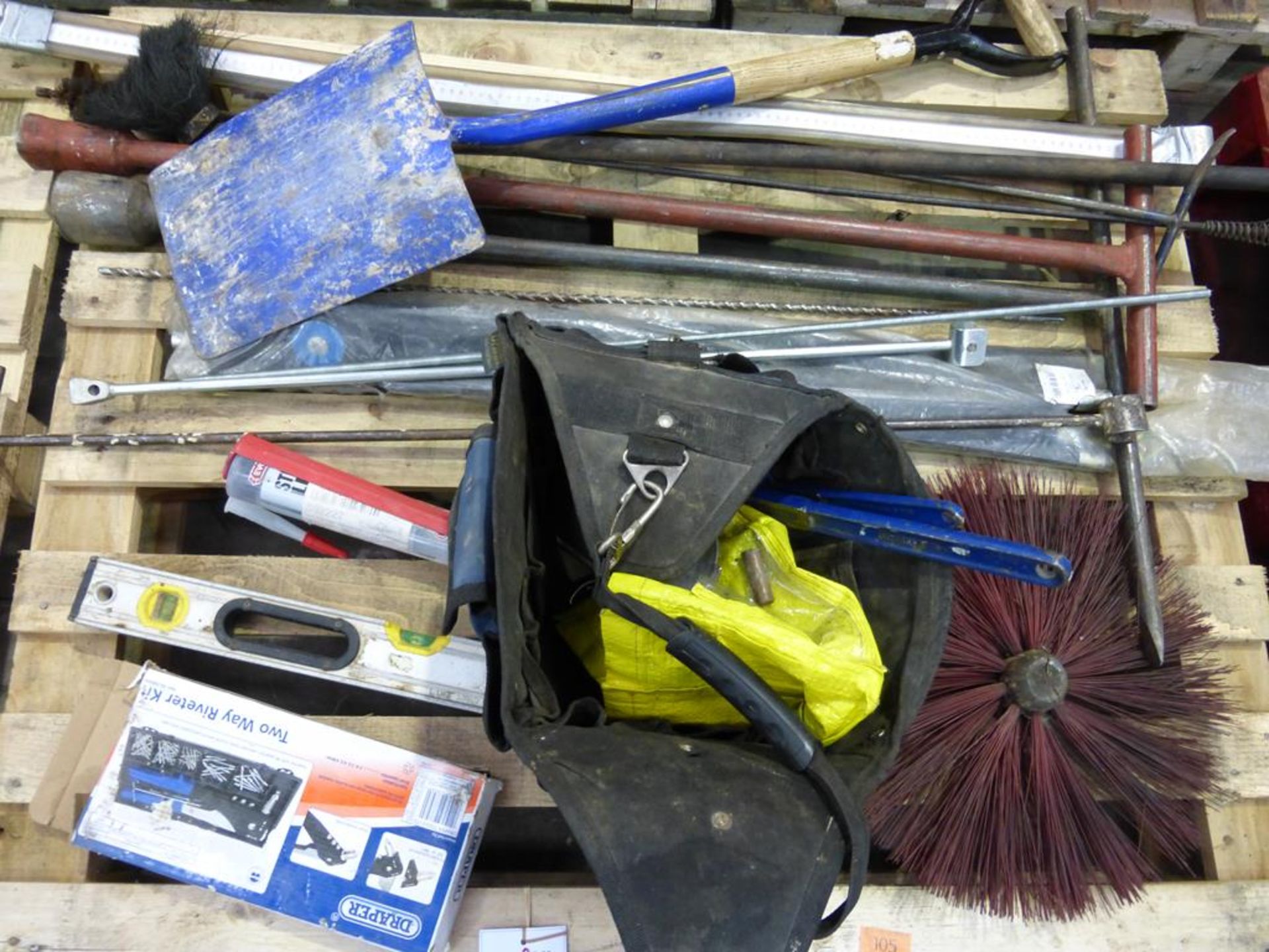 * A Pallet to contain a Chimney Sweep, T-Sockets, Tool Bag and contents etc.