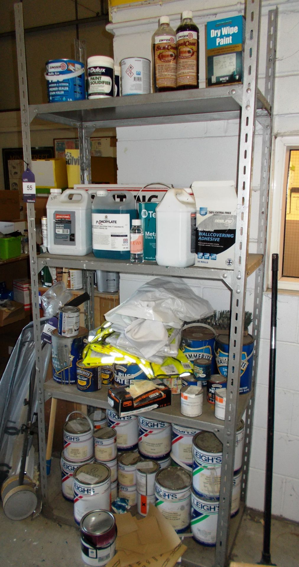 3 x bolted racks, and contents, including assortment of paints and lubricants (some of which are
