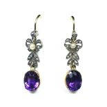 A pair of antique 19th Century amethyst, pearl and diamond earrings in yellow gold and silver each