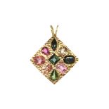 A jewelled multi colour tourmaline pendant in 9ct yellow gold designed as a textured diamond
