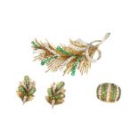 VOURAKIS An emerald and diamond parure in yellow gold comprising brooch, earrings and ring,
