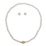 A pearl necklace with 9ct yellow gold clasp, together with a pair of pearl earrings, also in 9ct