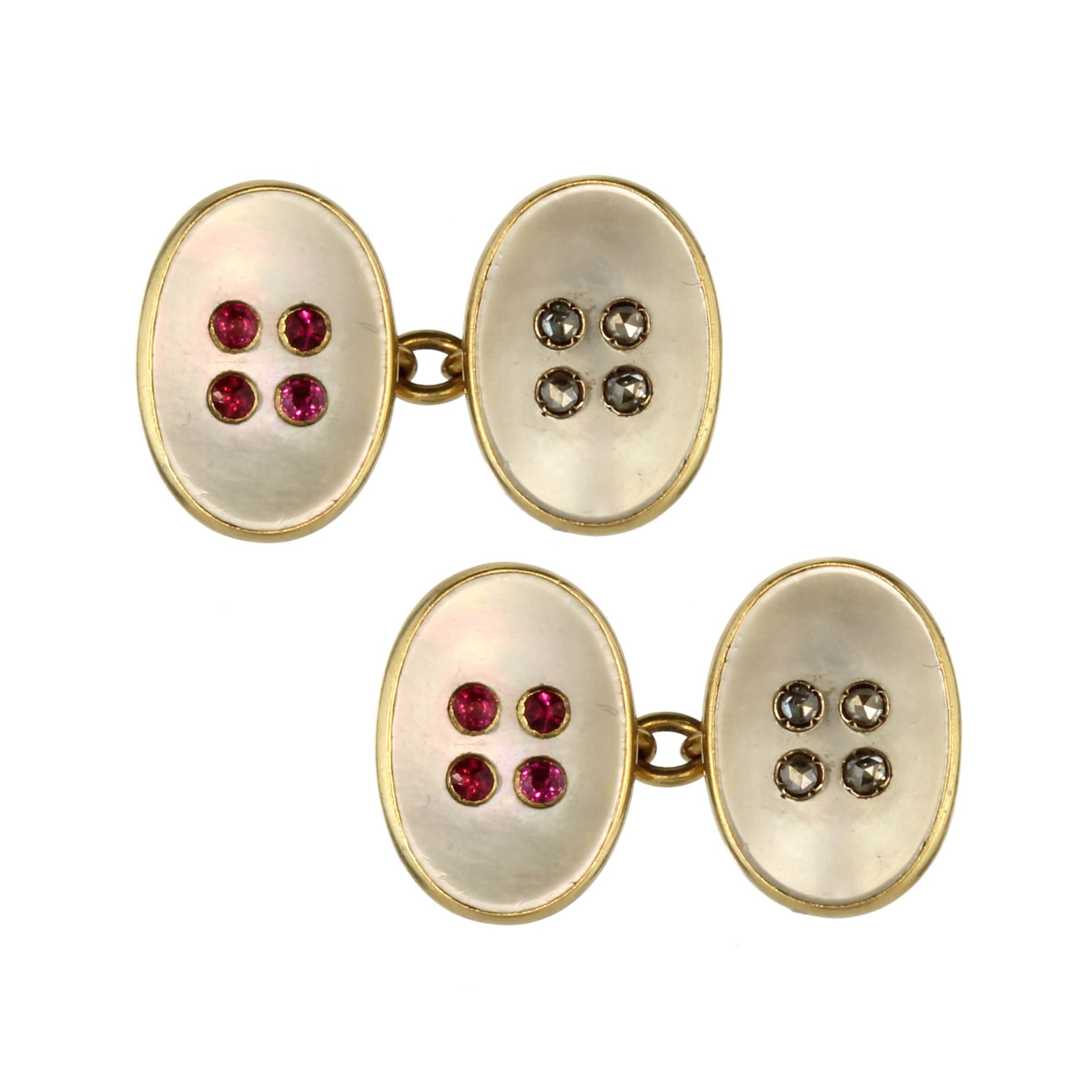 A pair of ruby, diamond and mother of pearl 'button' cufflinks in 18ct yellow gold designed with