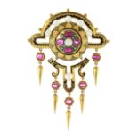 An antique Victorian ruby, diamond and pearl brooch in high carat yellow gold, in the Etruscan