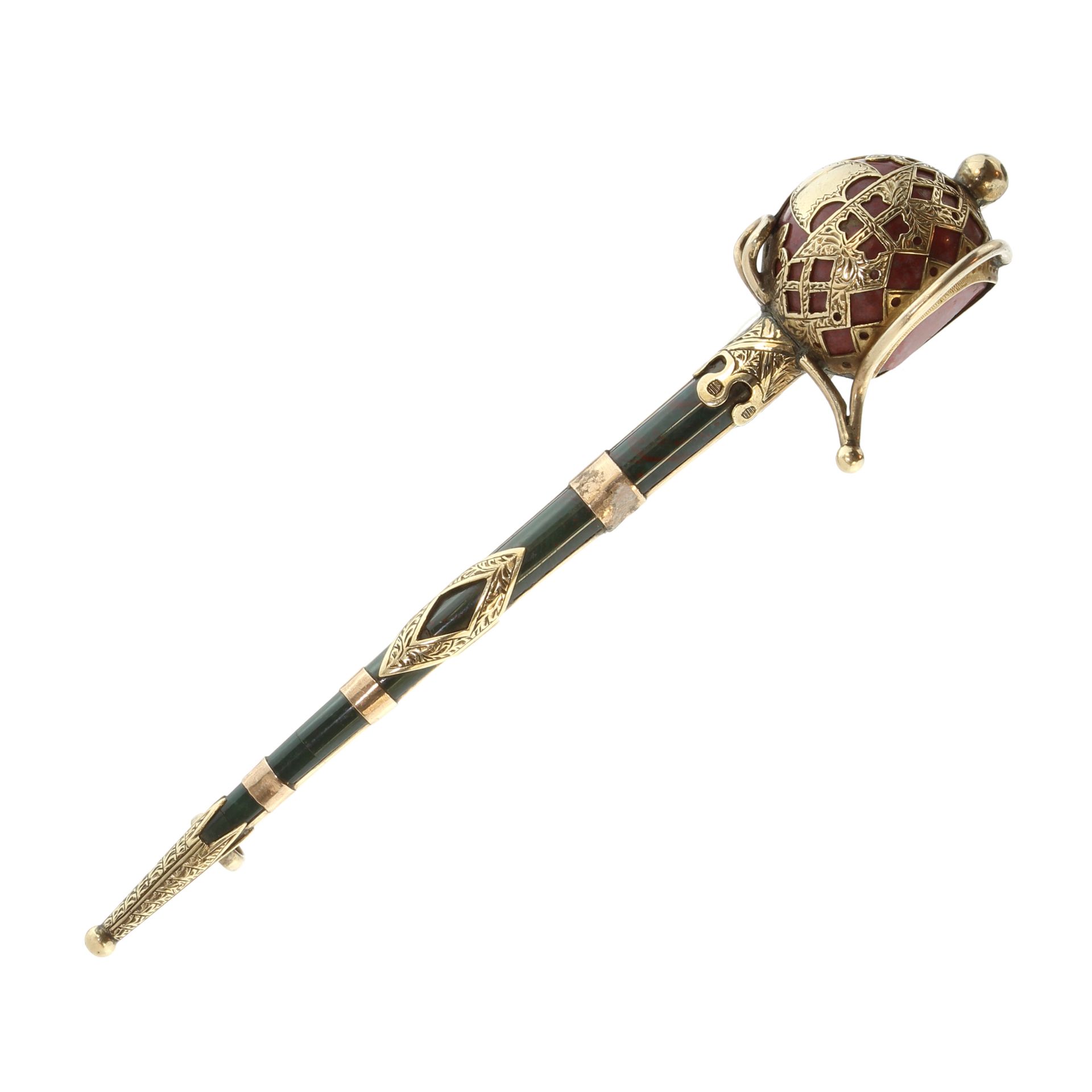 An antique agate and bloodstone sword brooch in high carat yellow gold designed to depict a sword
