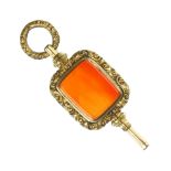An antique Georgian hardstone fob seal watch key made in pinchbeck and set with a large panel of