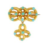 An antique Victorian turquoise bead & hairwork mourning brooch in 15ct yellow gold with an