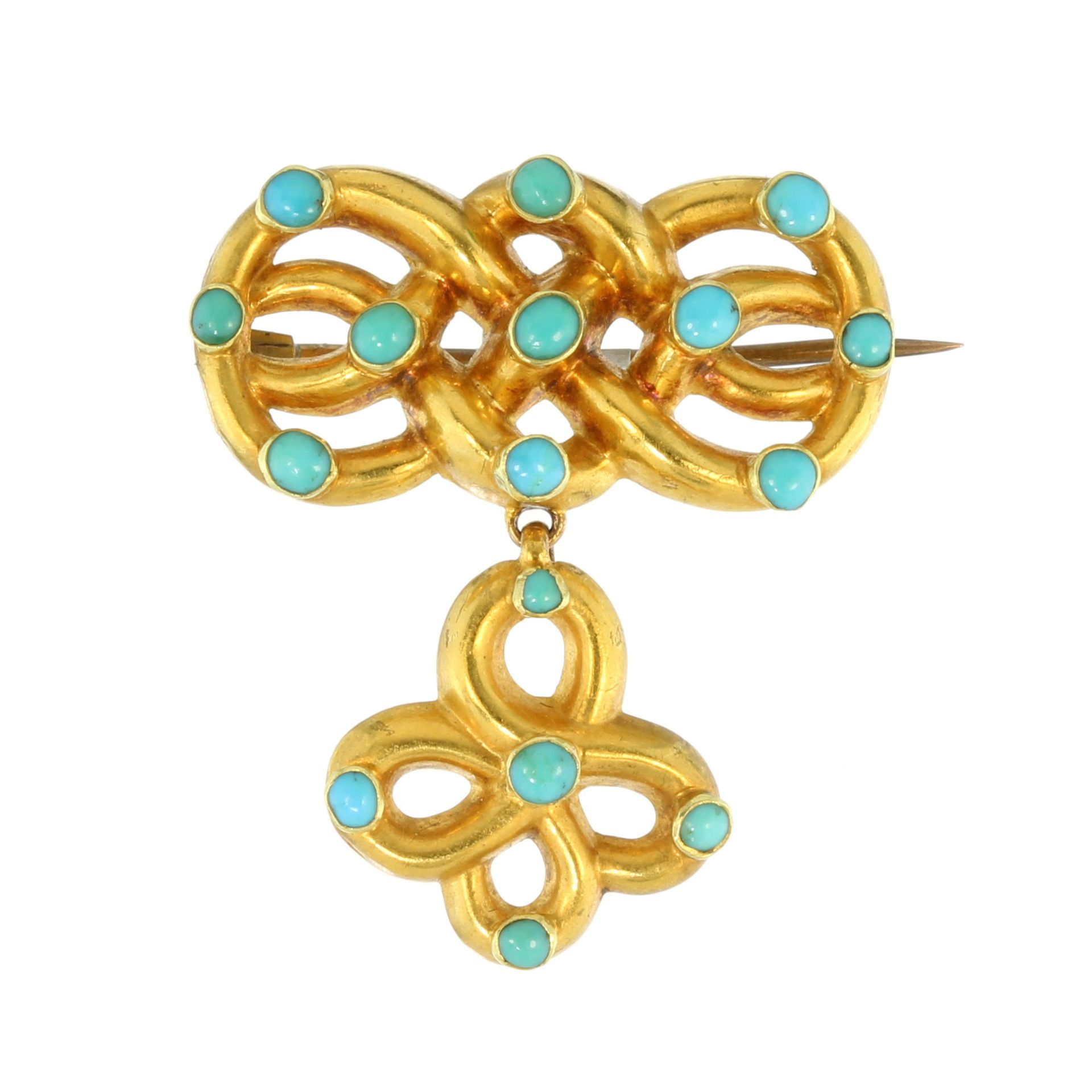 An antique Victorian turquoise bead & hairwork mourning brooch in 15ct yellow gold with an