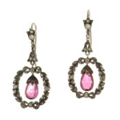 A pair of antique Georgian pink tourmaline and diamond drop earrings in high carat yellow gold and