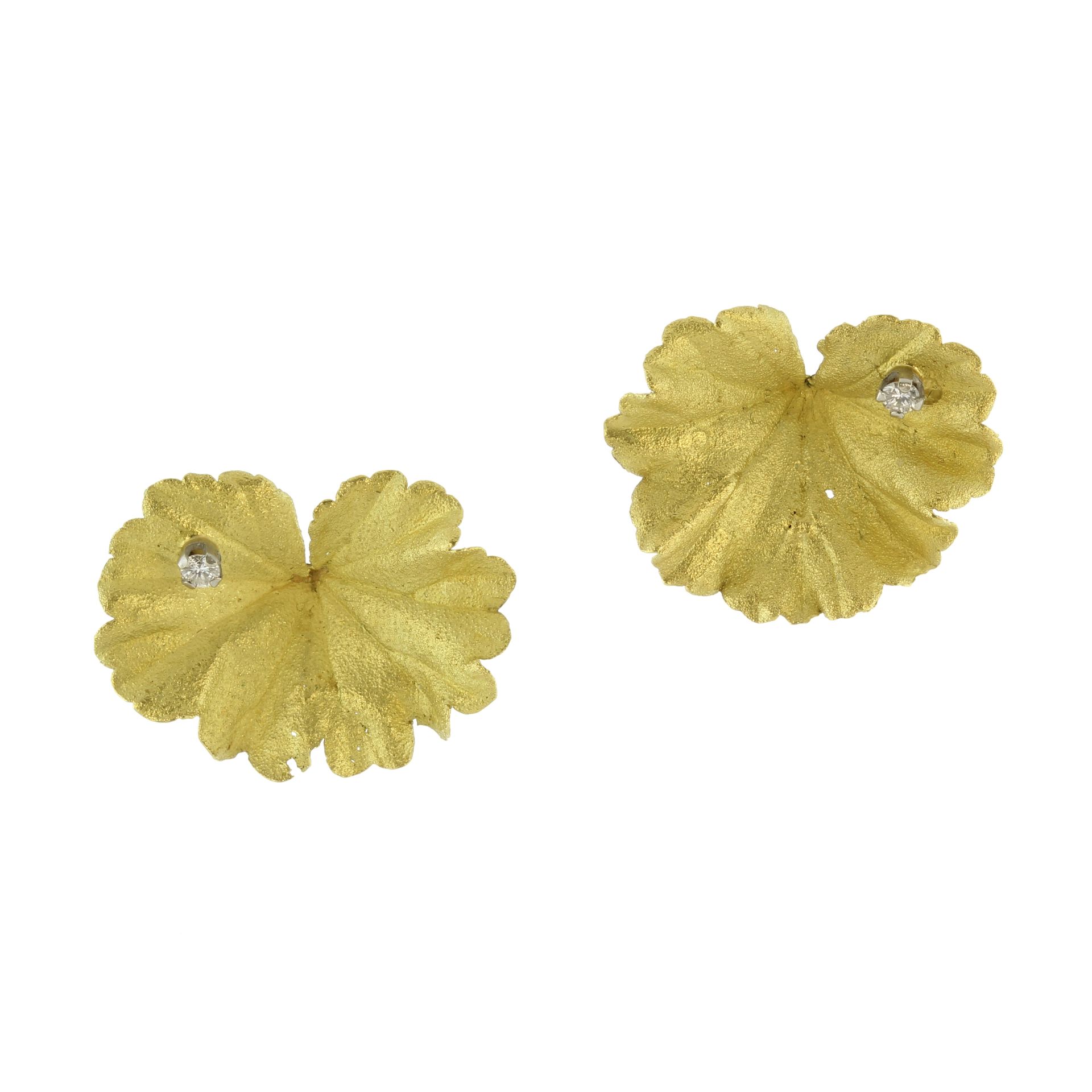 GRIMA A pair of vintage diamond set Geranium leaf earrings in 18ct yellow gold by Andrew Grima,