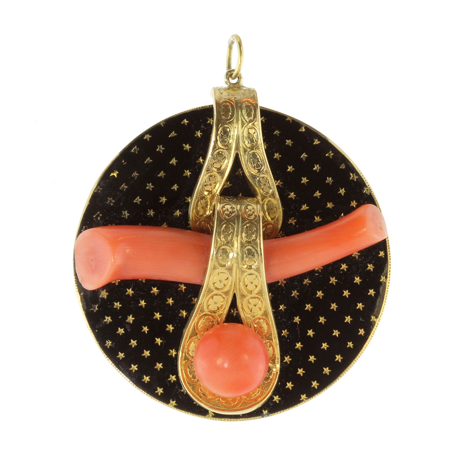 An antique coral and enamel pendant in 18ct yellow gold designed as a large naturalistic piece of