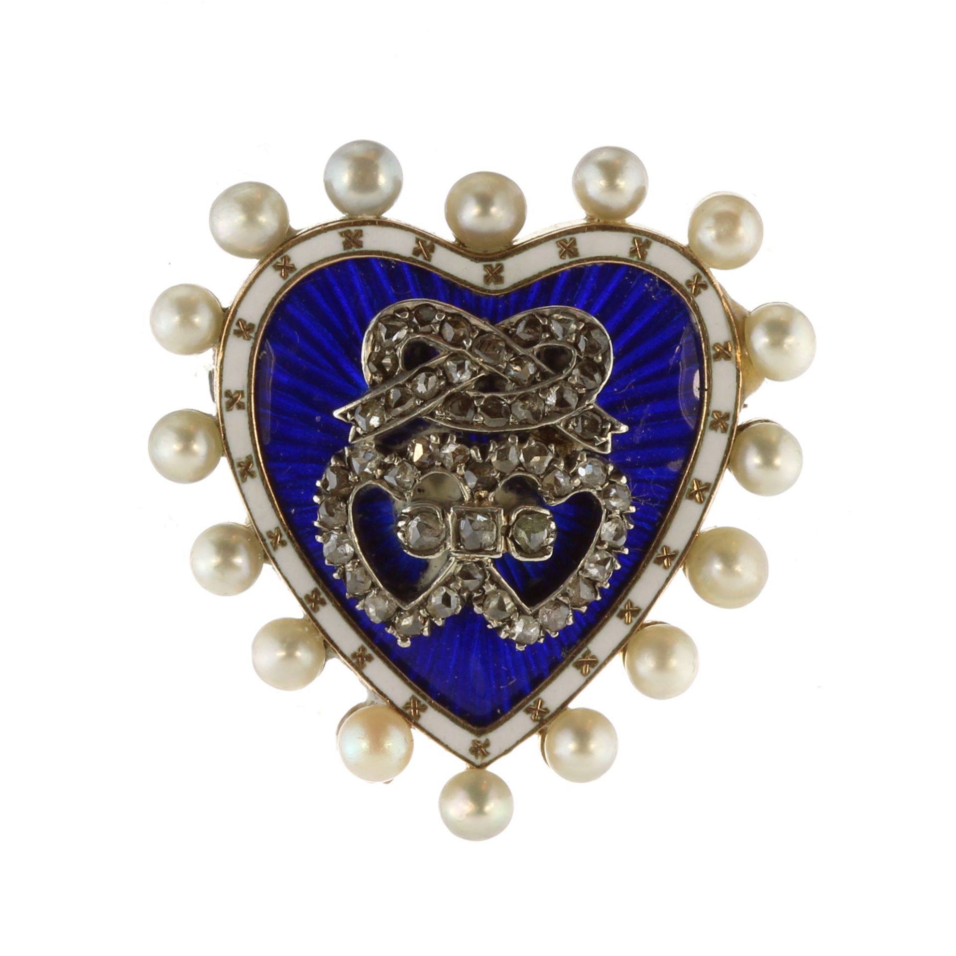 An antique Victorian diamond and pearl sweetheart / mourning brooch in high carat yellow gold,