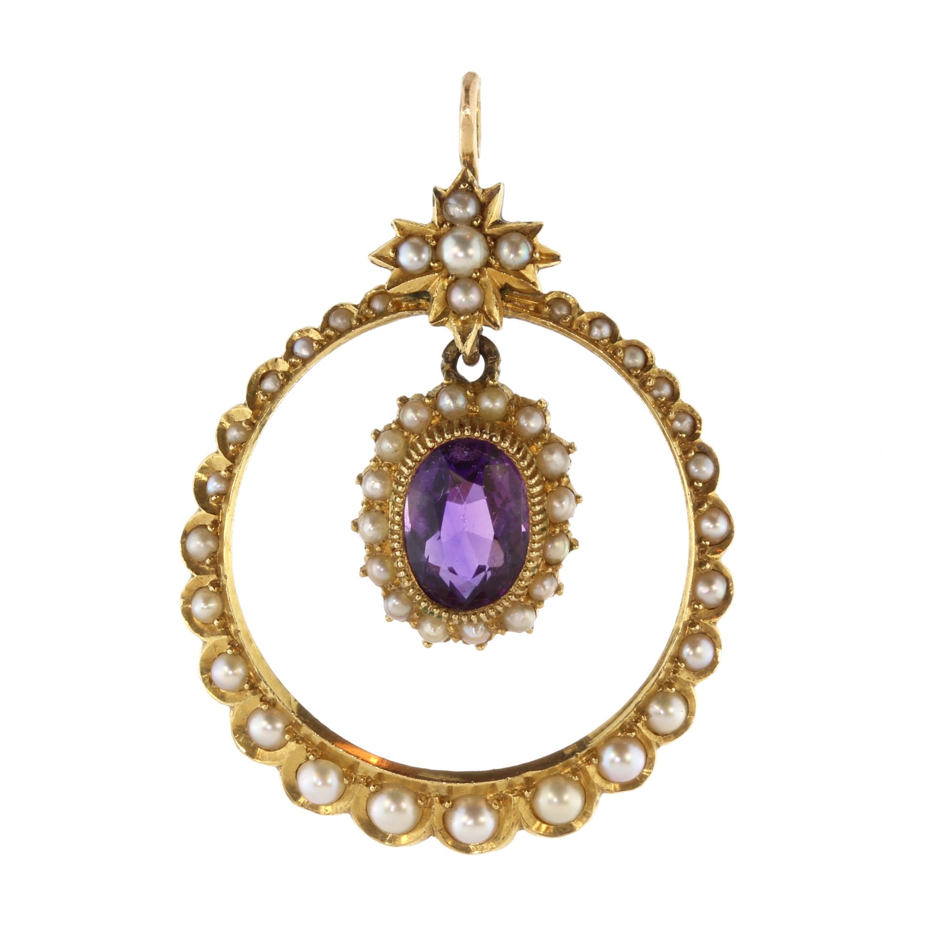 An antique Victorian amethyst and pearl pendant in yellow gold set with a central oval cut