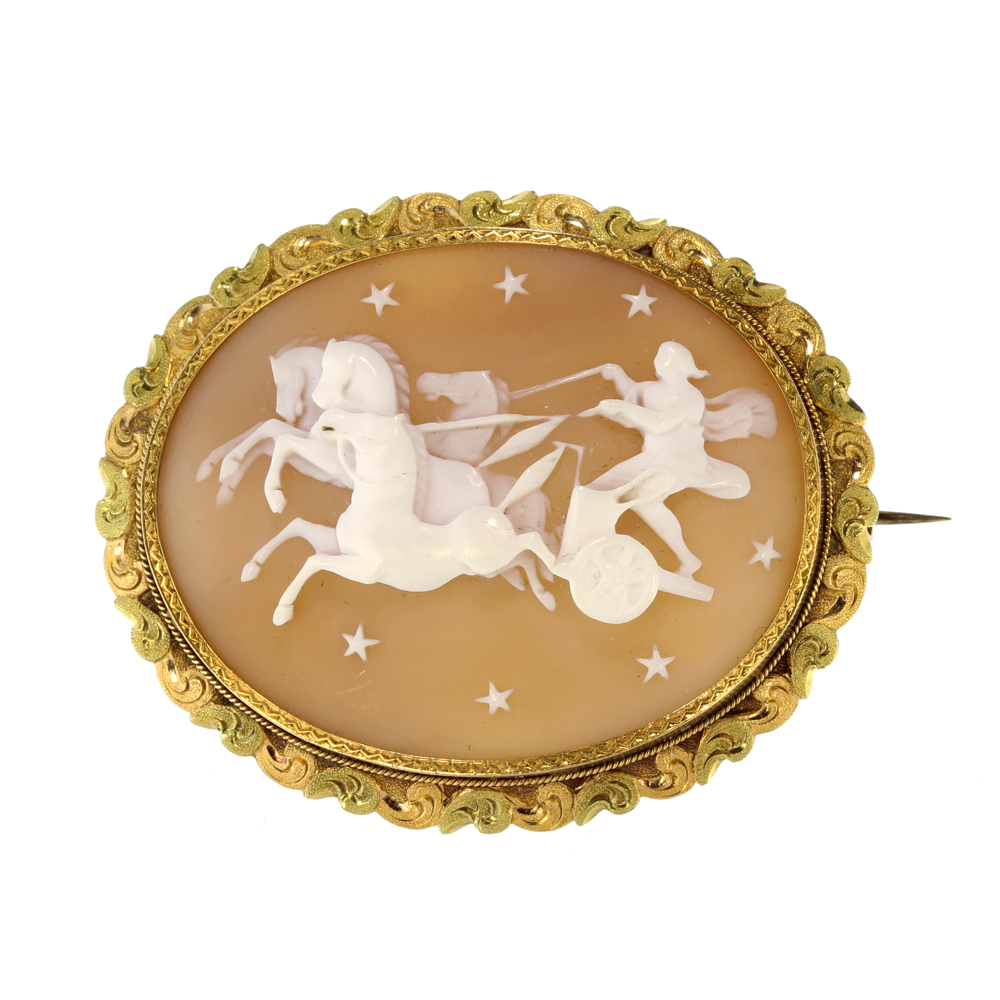 A fine antique carved cameo brooch in high carat two colour gold designed as a large oval cameo