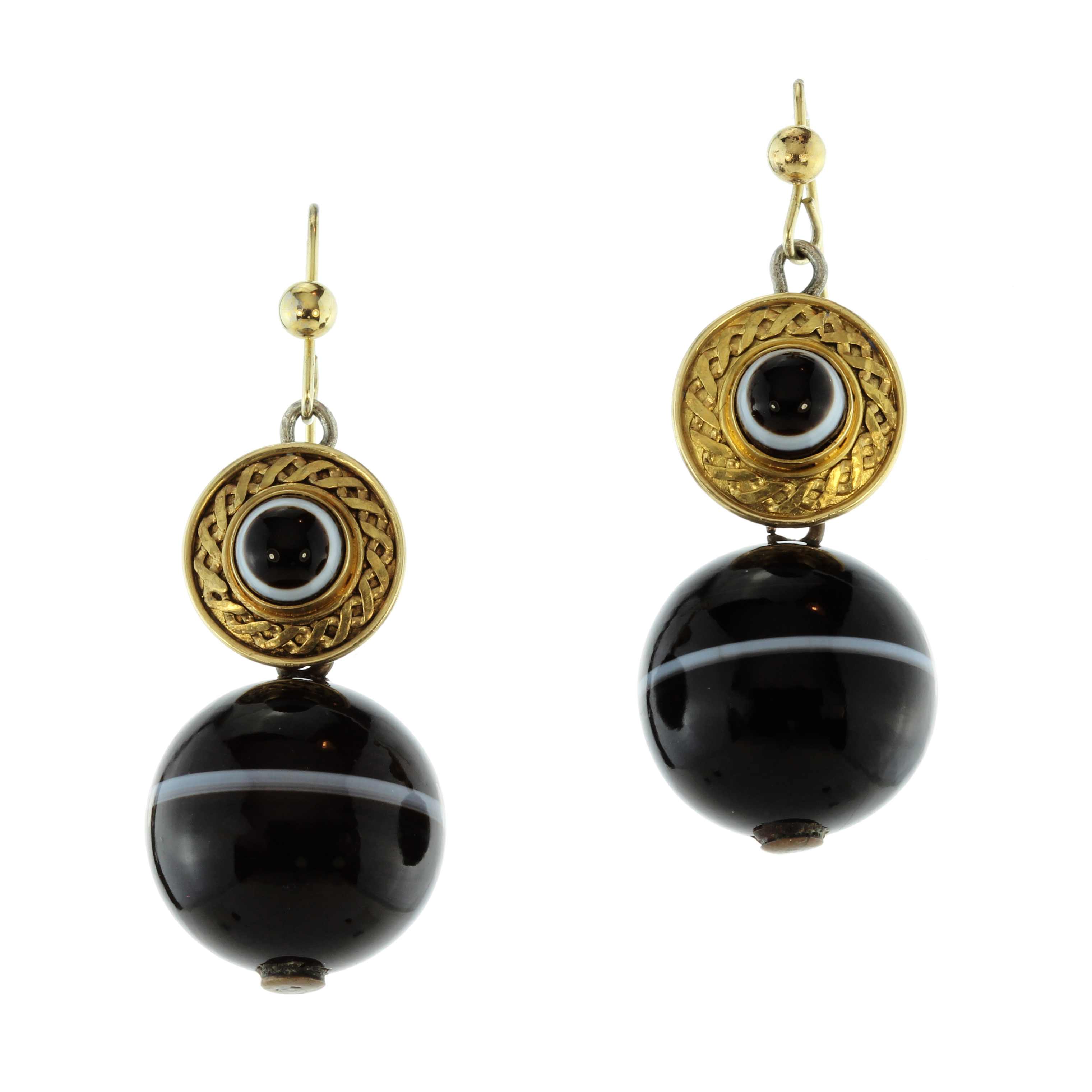 A pair of antique Victorian banded agate earrings each designed as a large banded agate bead,