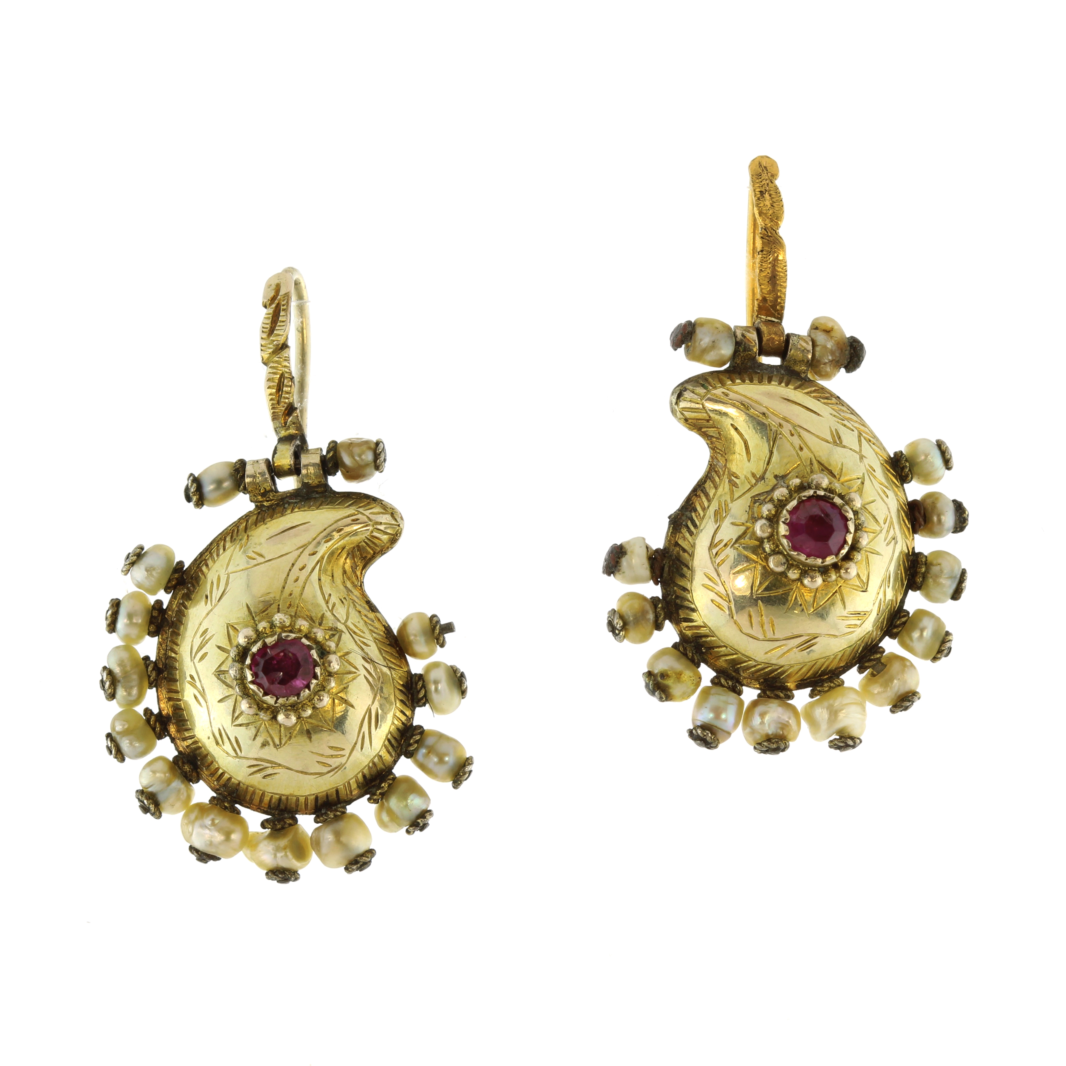 A pair of ruby and pearl earrings in high carat yellow gold each designed as a kidney shaped motif