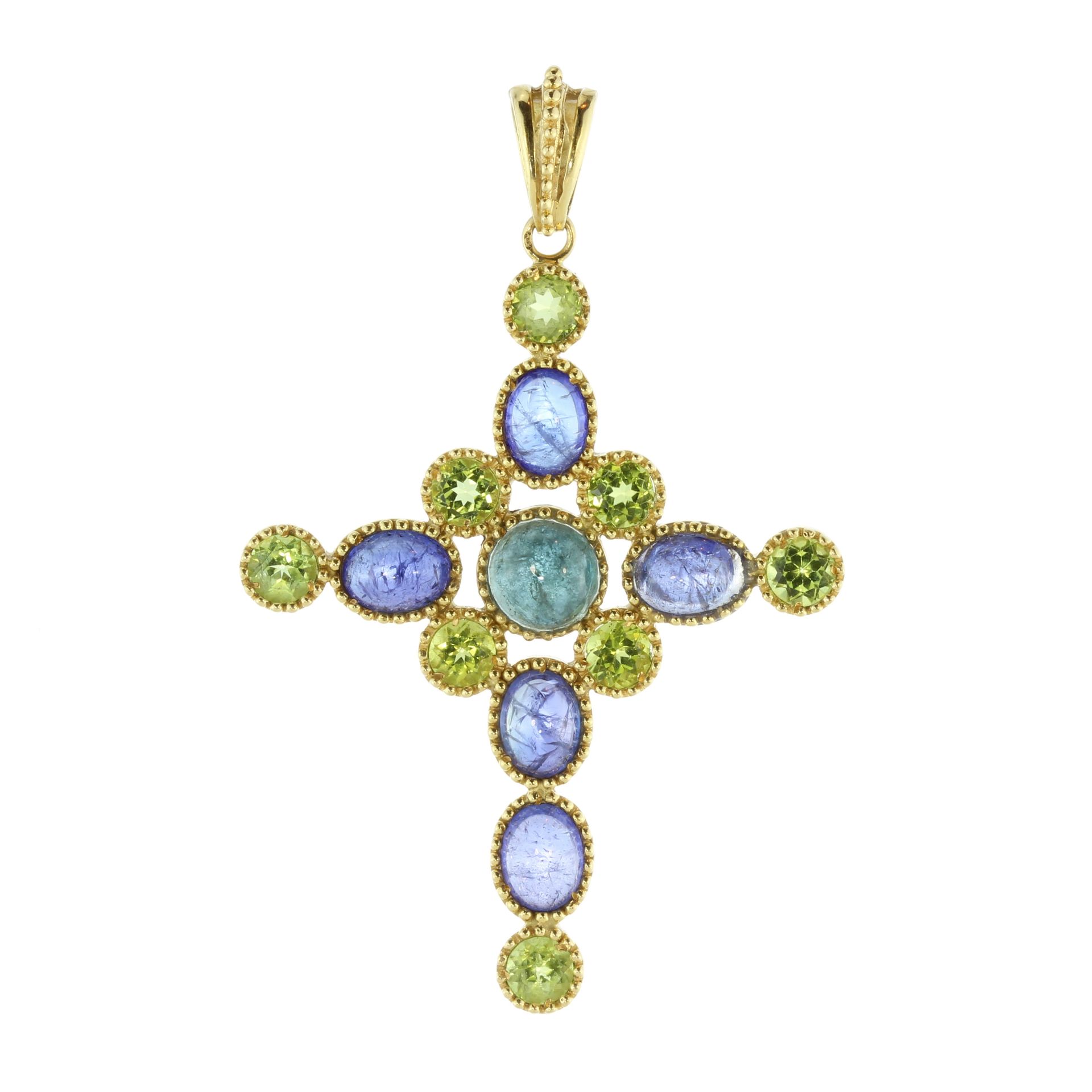 A vintage Italian sapphire, tourmaline and peridot crucifix pendant in 18ct yellow gold by Criso