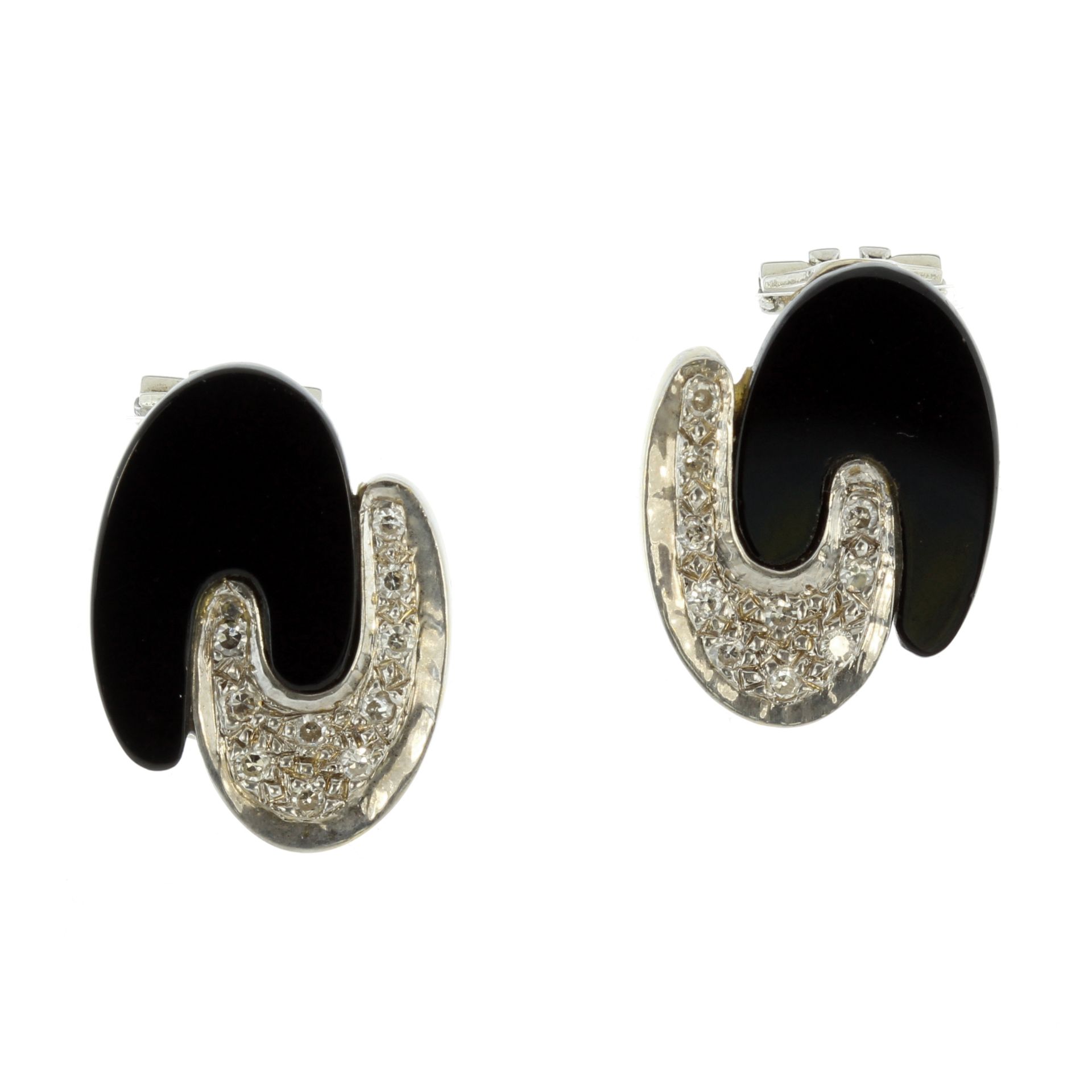 A pair of vintage onyx and diamond clip earrings in 18ct yellow gold with English and French assay