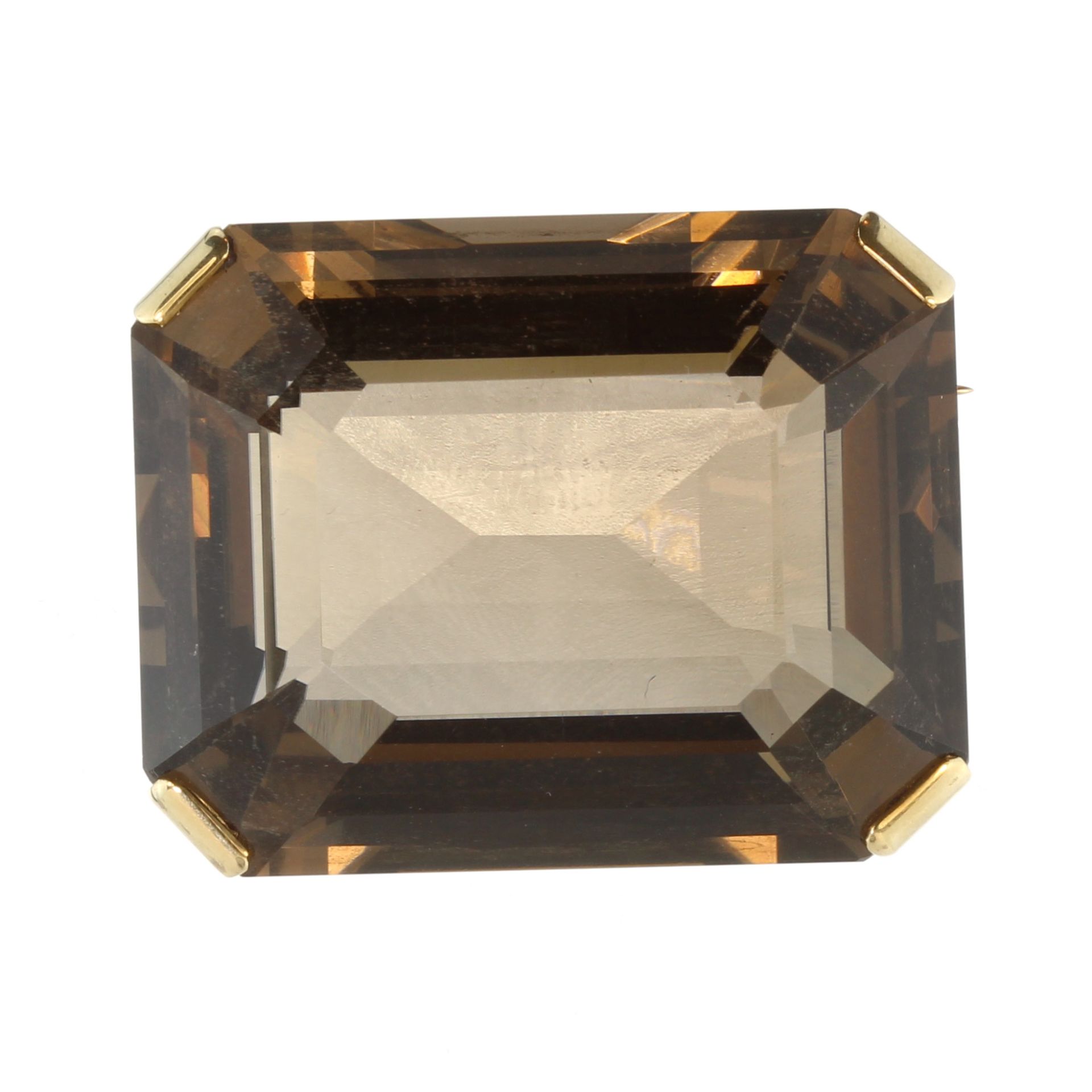 A large vintage smoky quartz / cairngorm brooch in yellow gold (unmarked) the large, modified