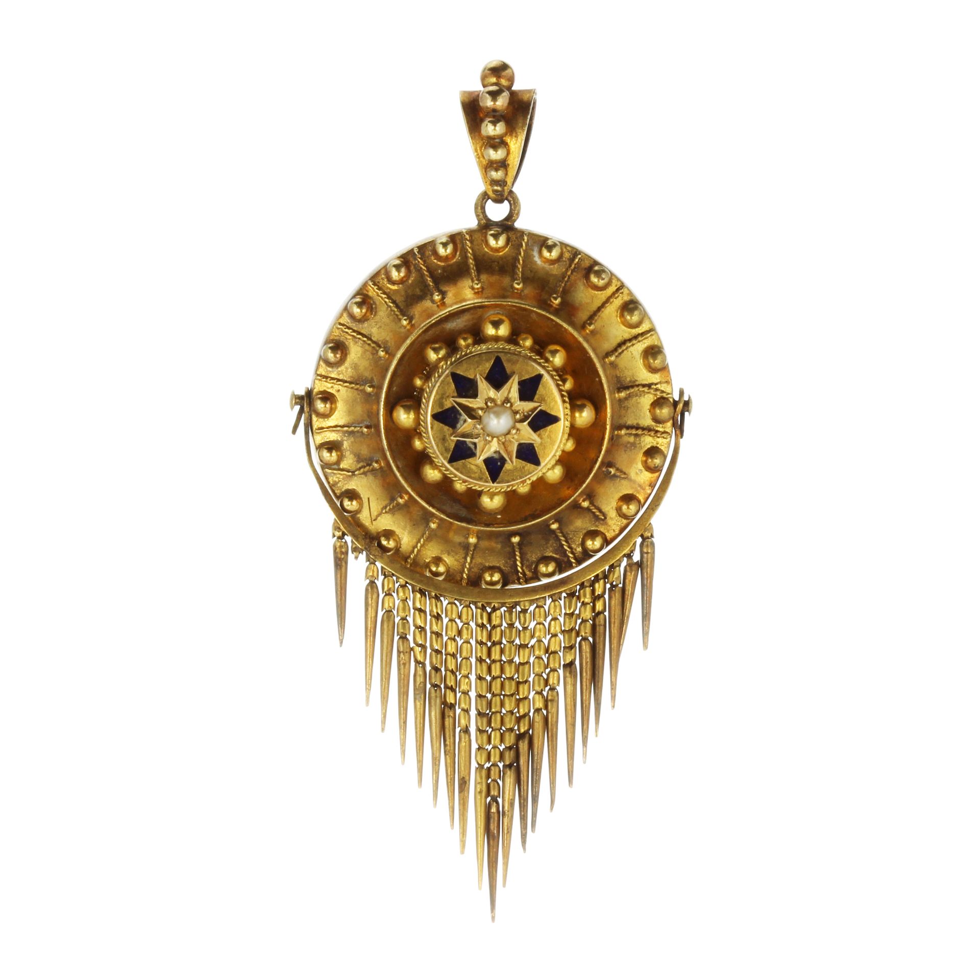 An antique Victorian pearl and enamel mourning pendant in high carat yellow gold in the Etruscan