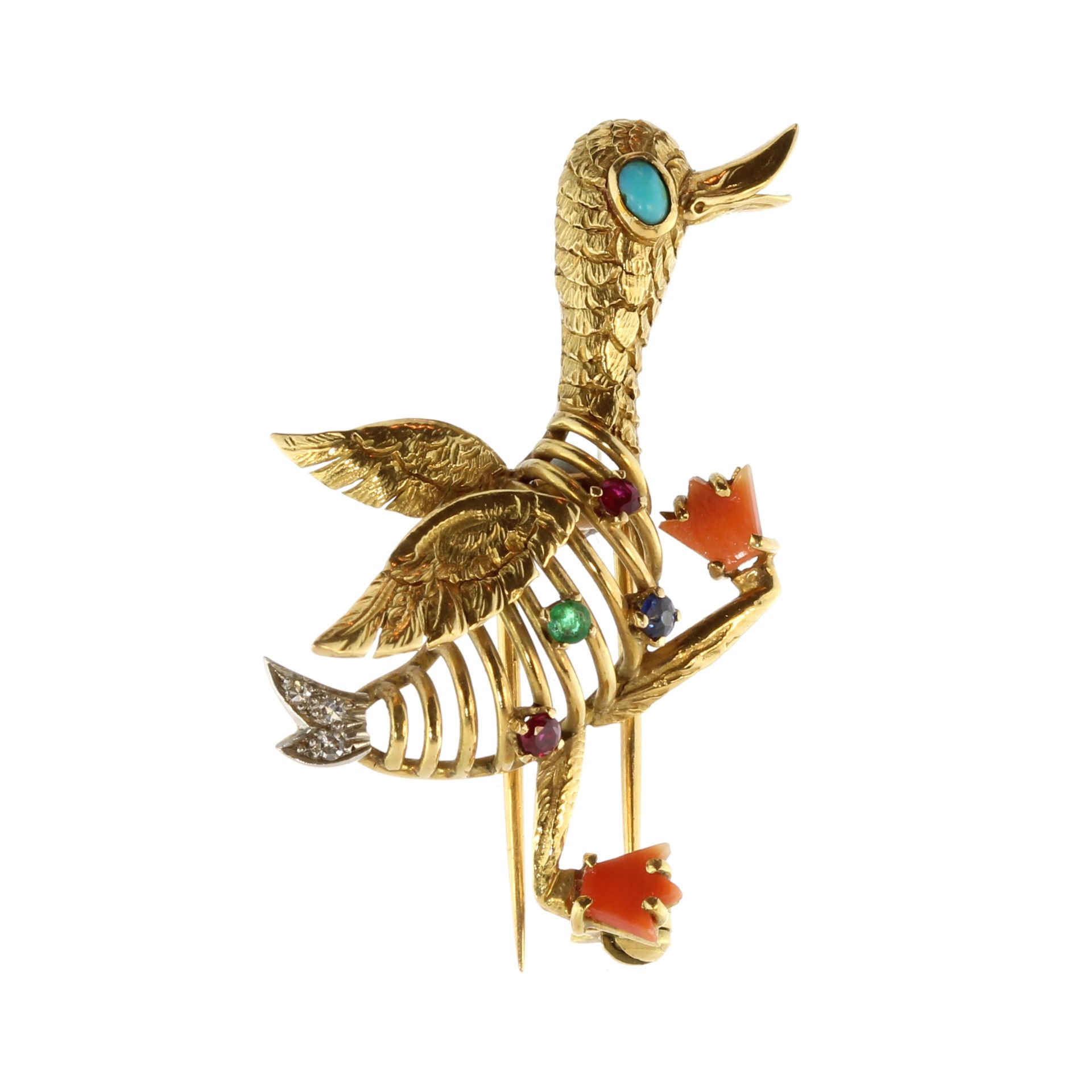 A vintage novelty jewelled goose brooch in 18ct yellow gold designed to depict a goose, walking in