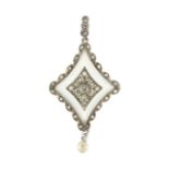 A vintage rock crystal, diamond and pearl pendant in white gold or platinum, the central diamond