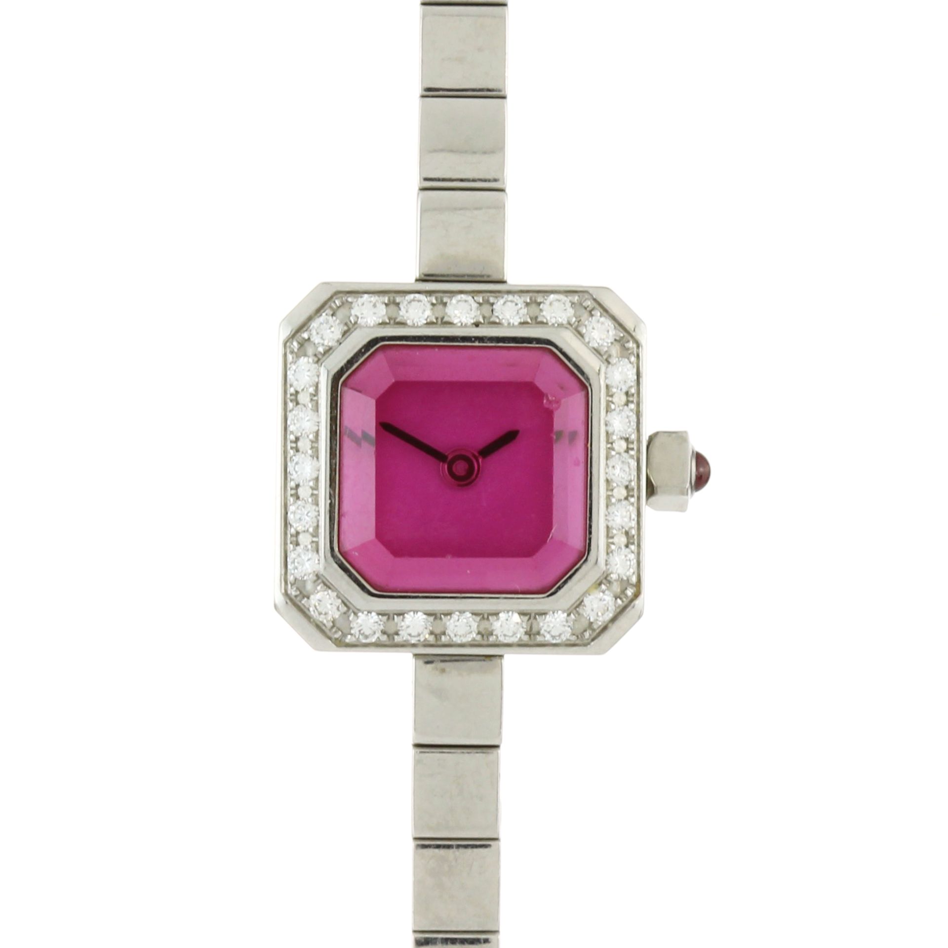 A stainless steel sugar cube wristwatch by Corum with pink face and jewelled with white sapphires.