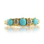 An antique 19th Century turquoise and diamond five stone dress ring in 18ct yellow gold set with