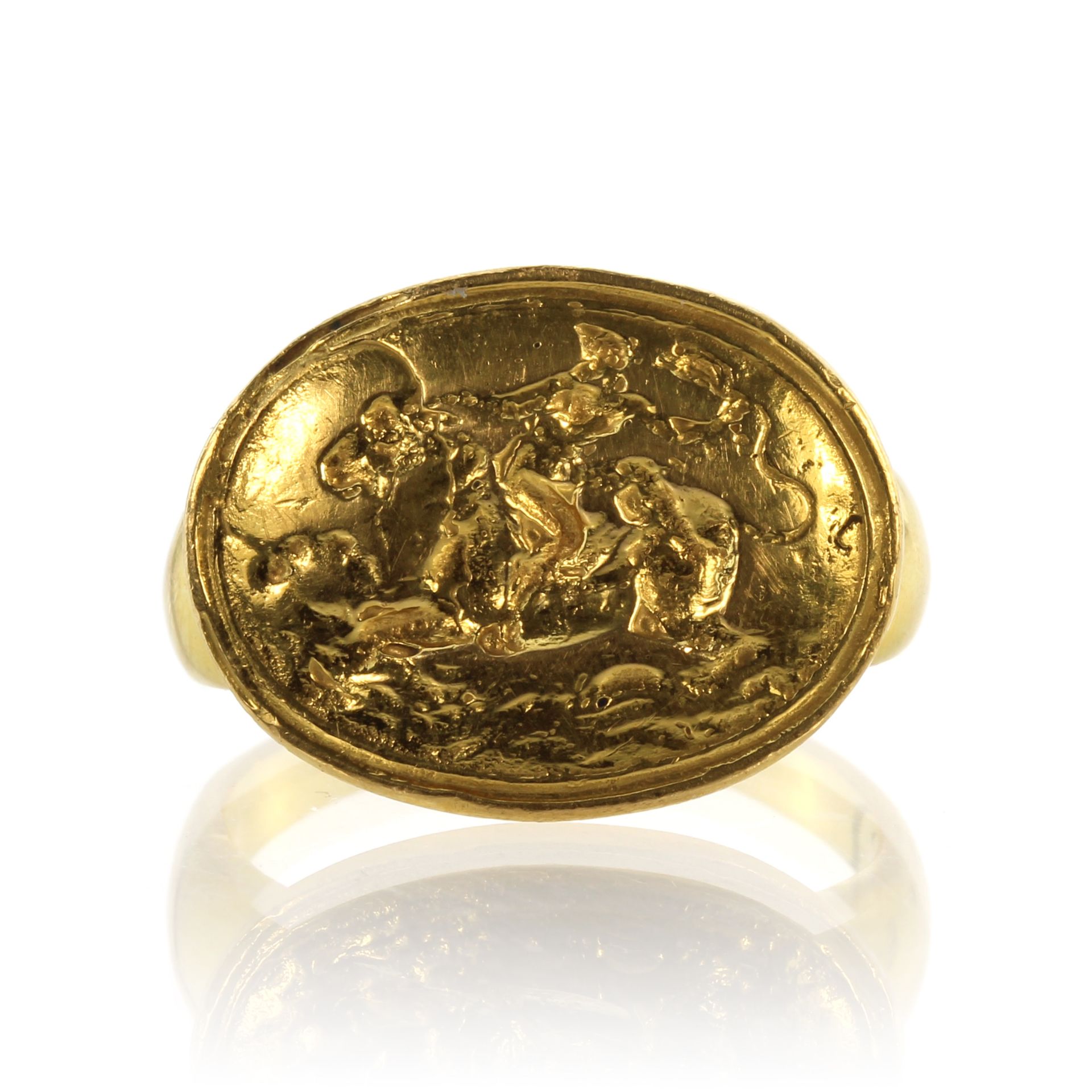 A 5th Century Minoan style intaglio ring in 22ct yellow gold designed as a large oval seal face