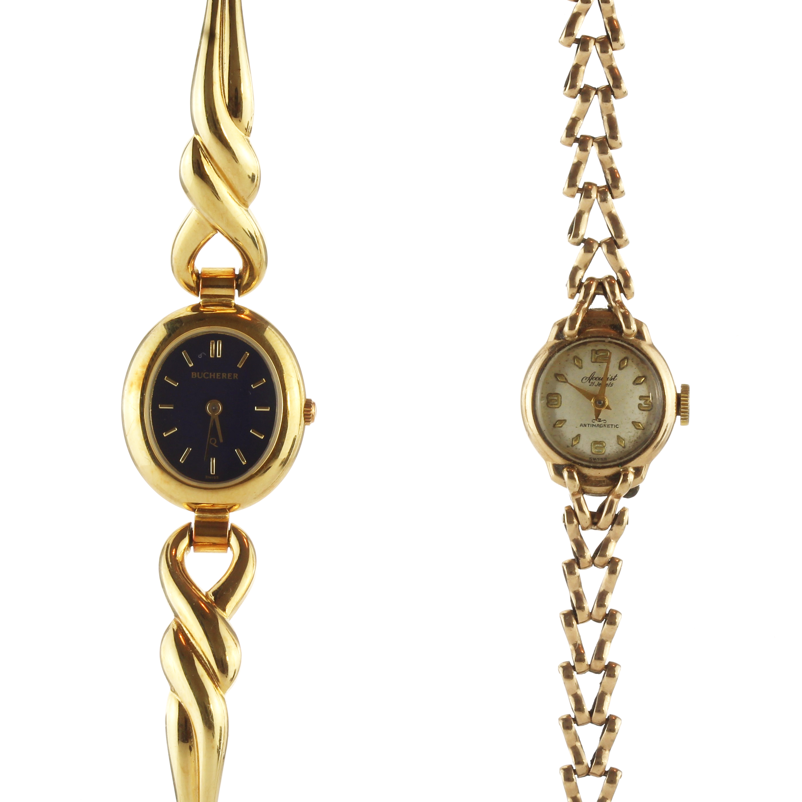 An antique ladies 9ct yellow gold Accurist cocktail watch together with a Bucherer gold plated