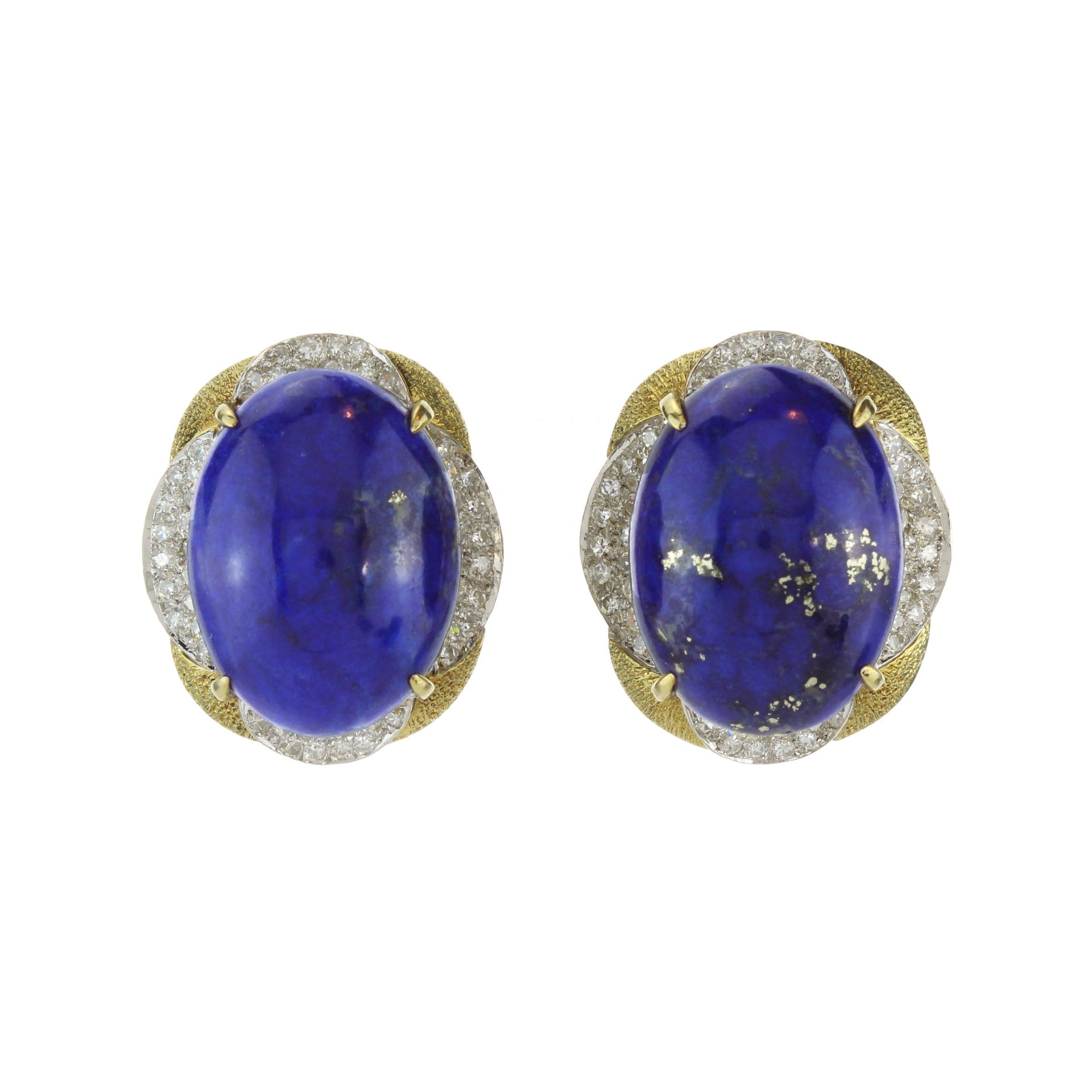 A vintage lapis lazuli and diamond ring and clip earrings parure in 14ct yellow gold each piece - Bild 2 aus 3