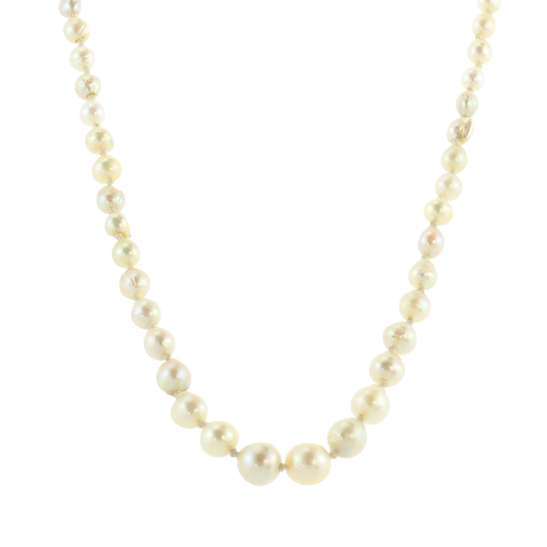 An antique pearl necklace comprising a single strand of ninety six graduated pearls with a