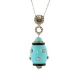 A vintage turquoise, opal, diamond and onyx pendant and chain in 18ct white gold, the large,