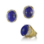A vintage lapis lazuli and diamond ring and clip earrings parure in 14ct yellow gold each piece