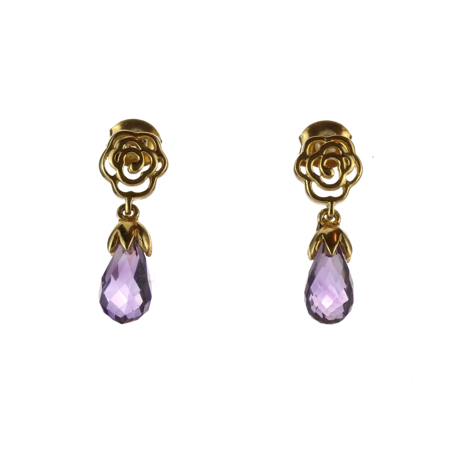 A pair of amethyst drop earrings in gold plated silver each designed as a briolette cut amethyst