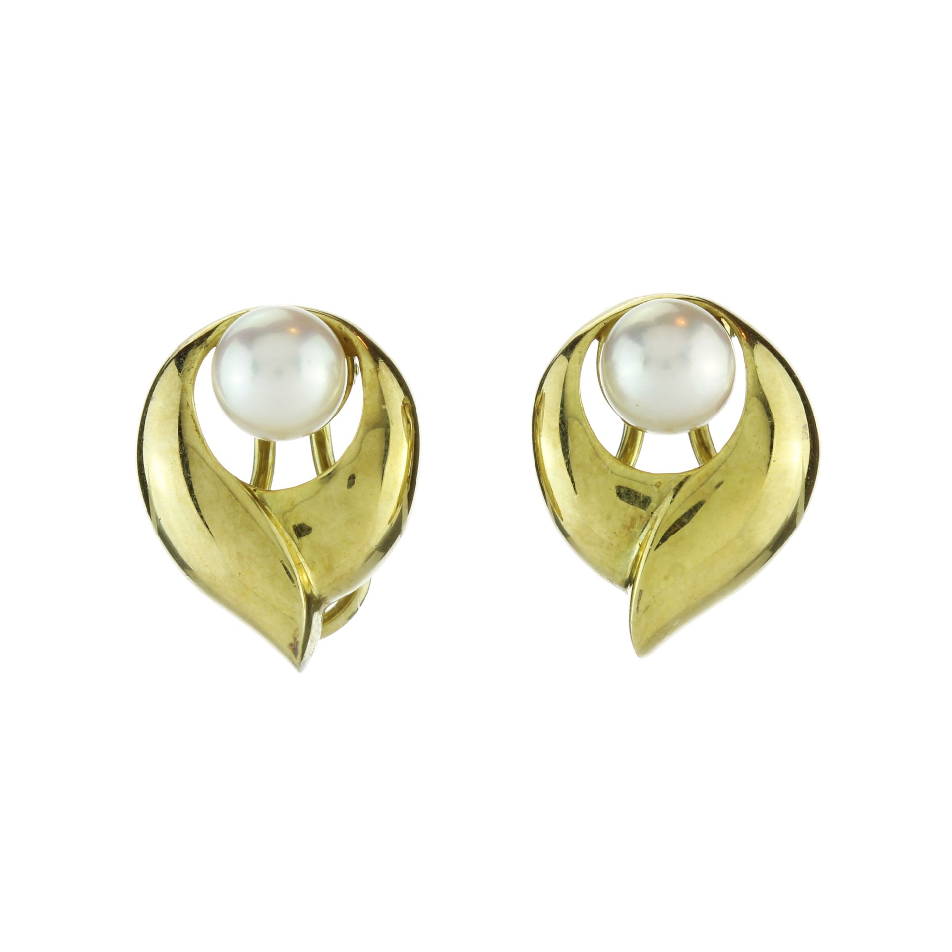 A pair of gold plated silver pearl earrings each set with a single round pearl of 6.8mm in a tulip