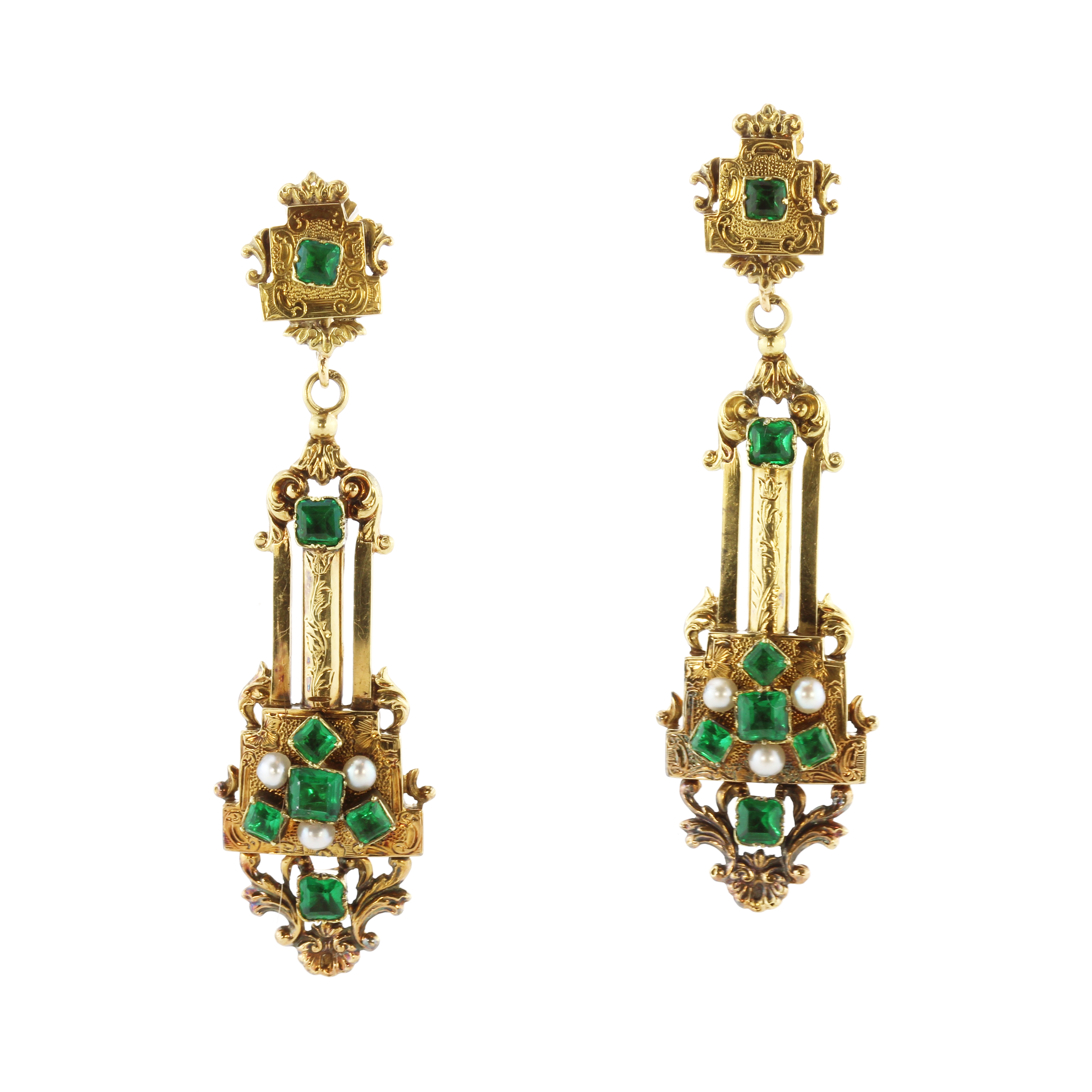 A pair of antique 19th Century French paste emerald and pearl earrings in high carat yellow gold set