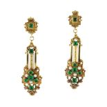 A pair of antique 19th Century French paste emerald and pearl earrings in high carat yellow gold set