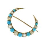 An antique turquoise and french paste crescent brooch in yellow gold designed as a crescent set with