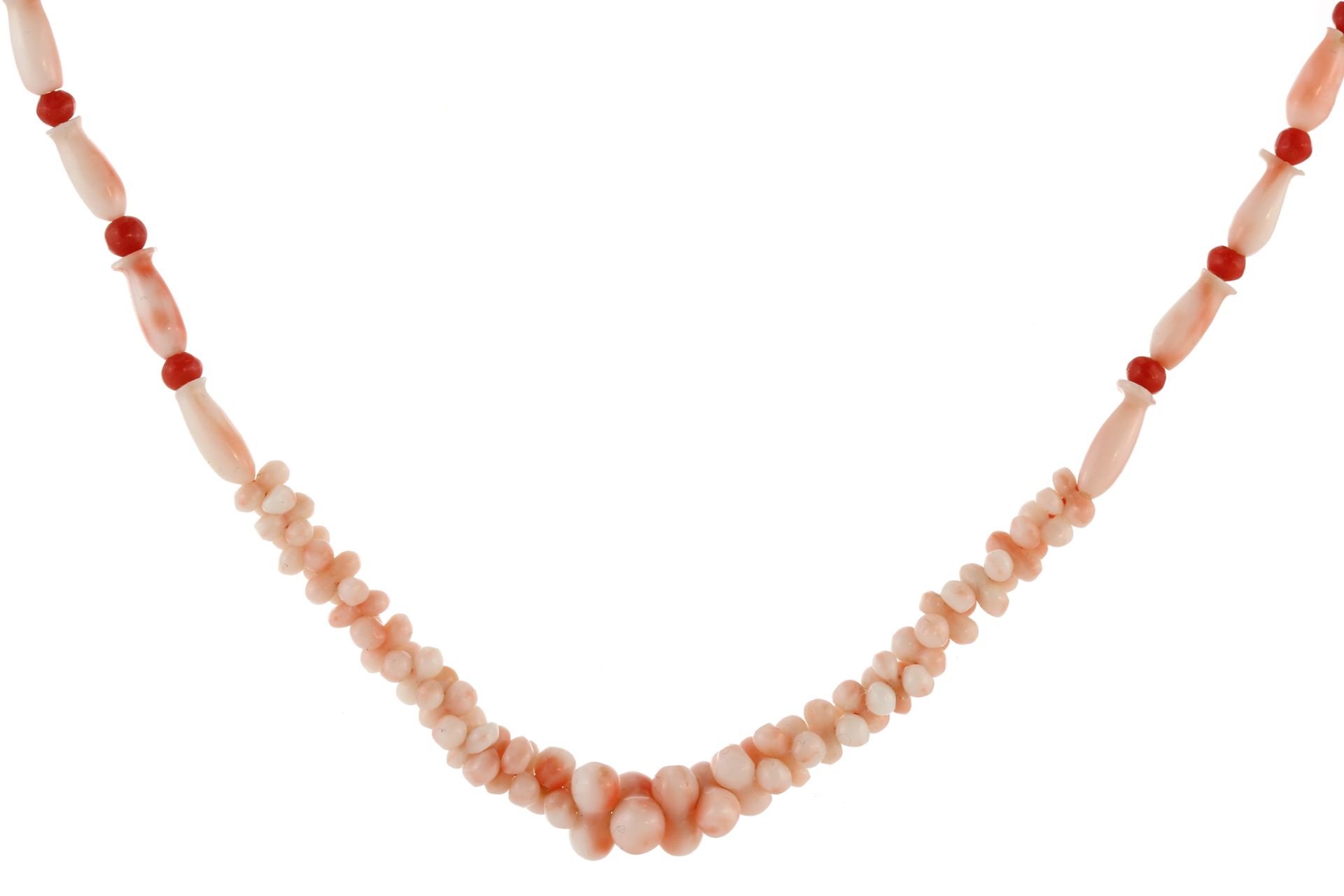 A coral and angel coral bead necklace designed as a single row of graduated interlocking angel coral