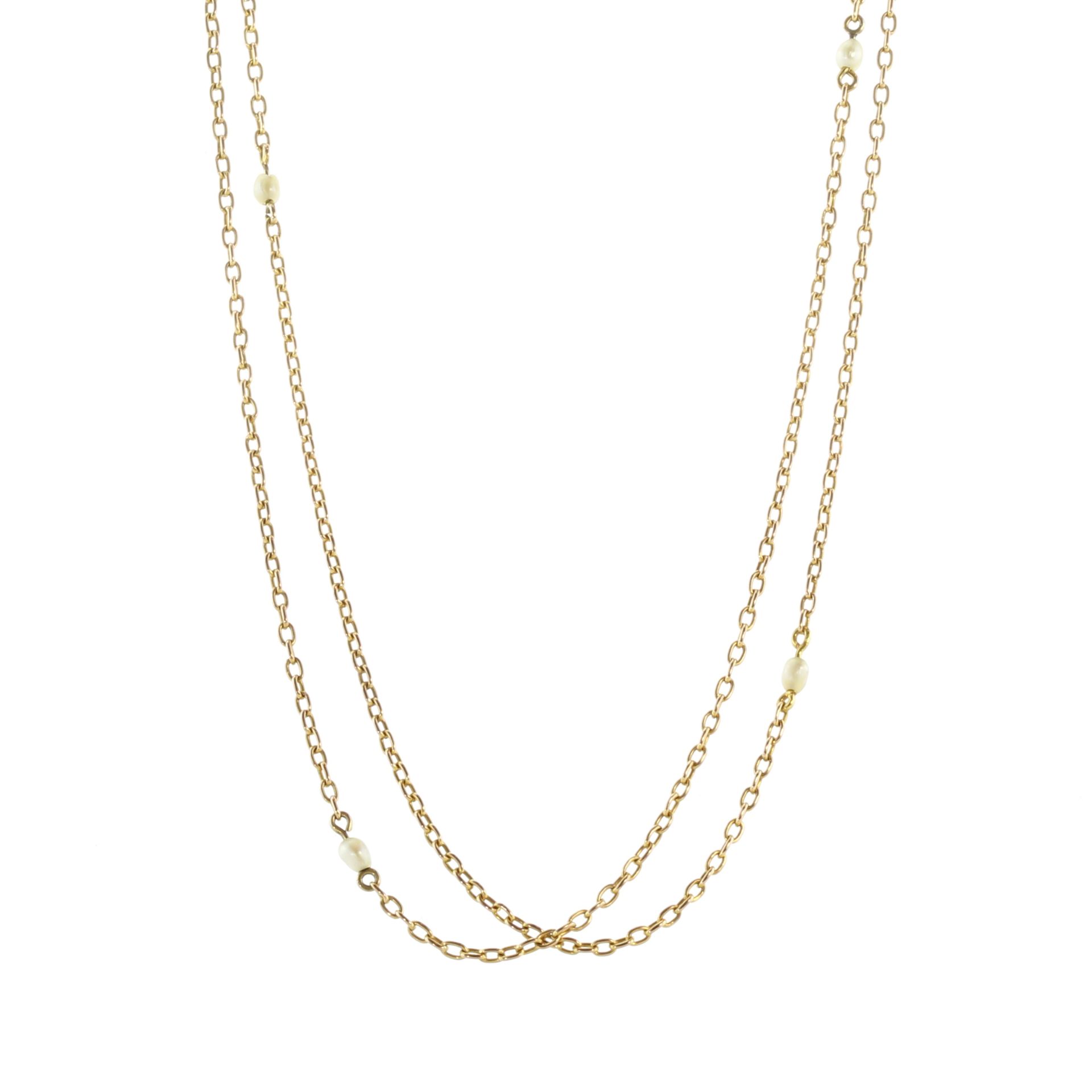 An antique pearl sautoir necklace in high carat yellow gold designed as a long fine gold chain