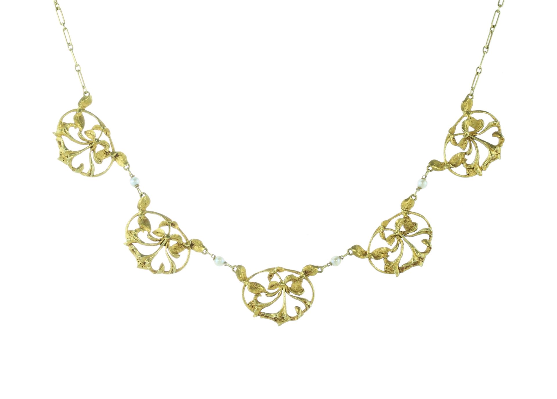 An antique French Art Nouveau pearl necklace in 18ct yellow gold designed as five floral art nouveau