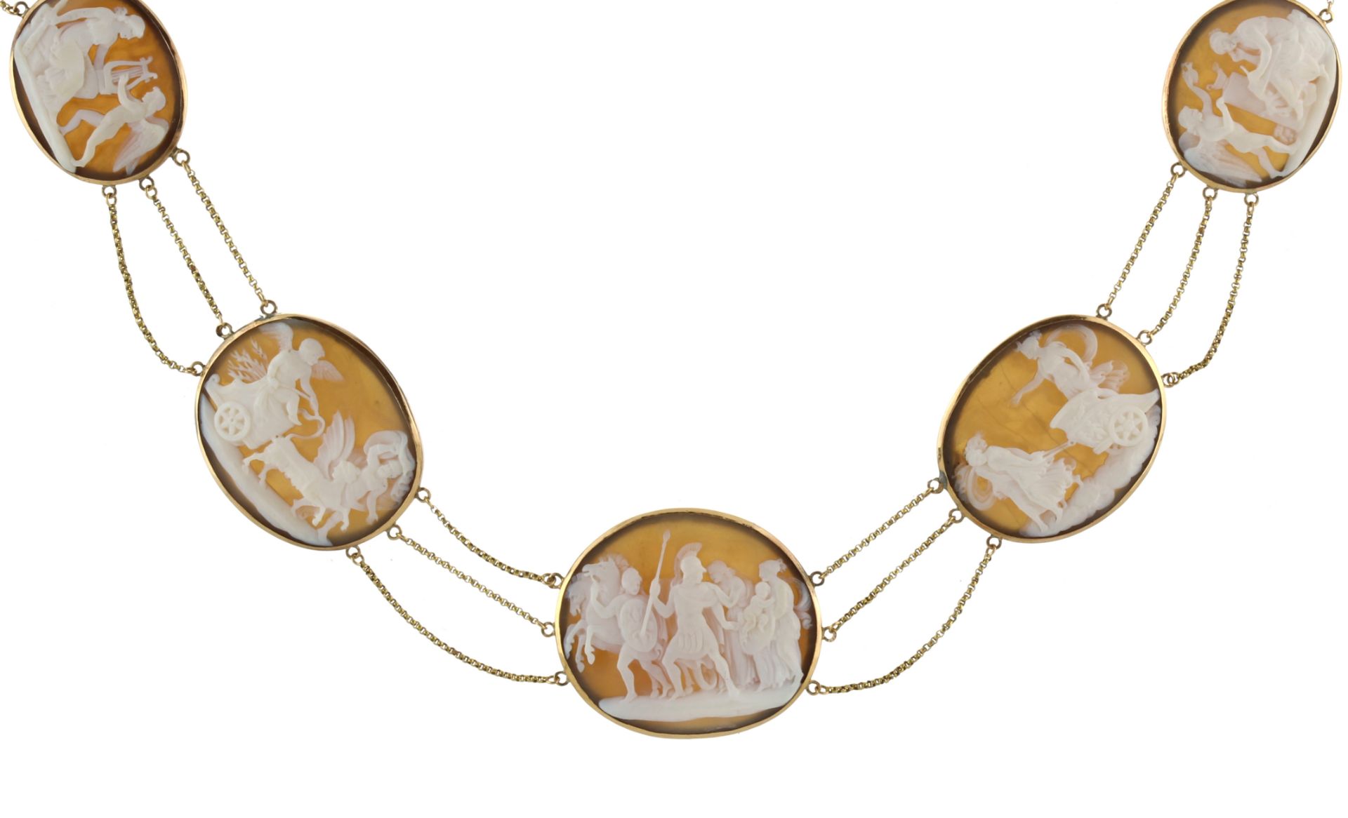 An antique cameo necklace in high carat yellow gold comprising ten graduated oval cameos, each