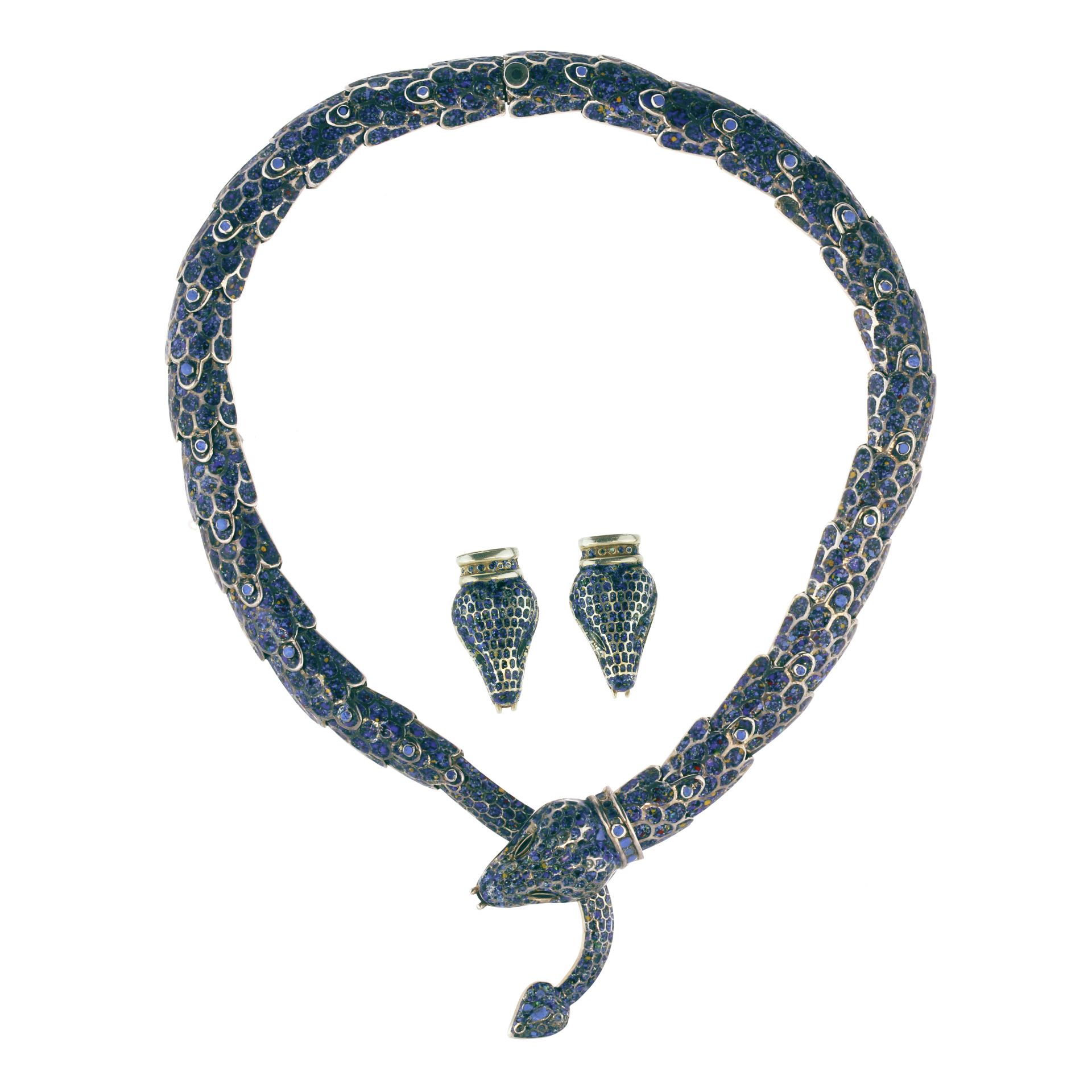An antique Mexican enamel snake necklace and earrings suite in Sterling Silver the necklace designed
