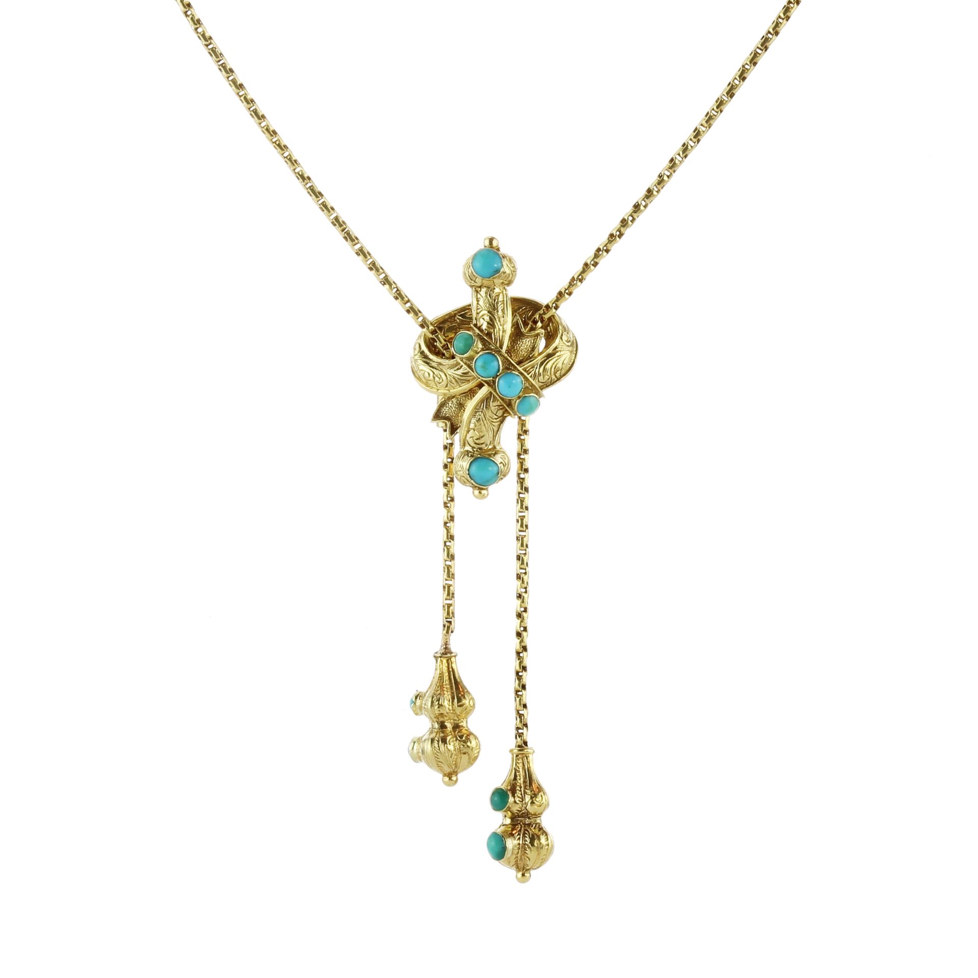 An antique turquoise bead & hairwork mourning necklace in high carat yellow gold designed as a chain