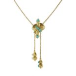 An antique turquoise bead & hairwork mourning necklace in high carat yellow gold designed as a chain