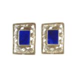 A vintage pair of lapis lazuli clip earrings in silver each designed as a rectangular lapis lazuli