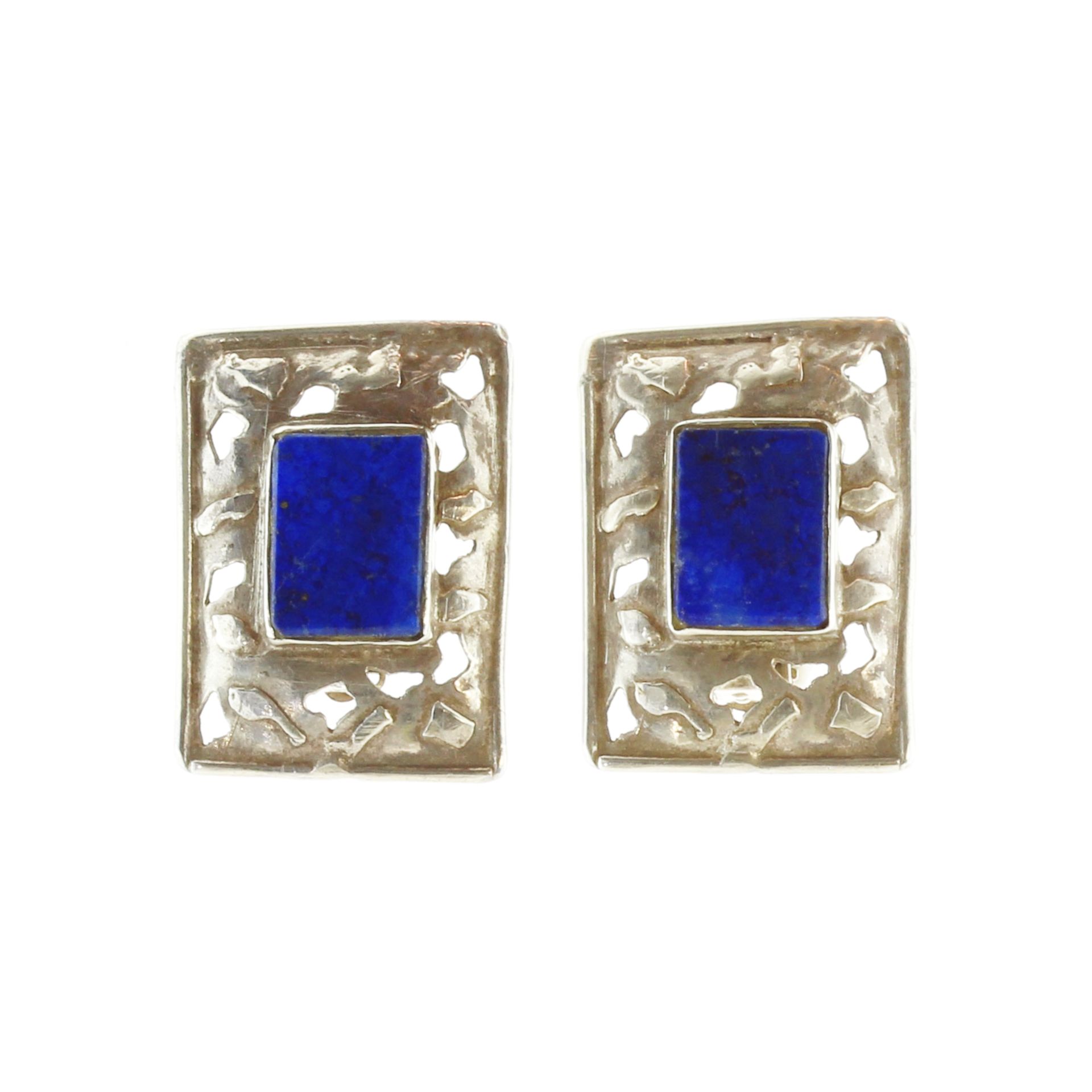 A vintage pair of lapis lazuli clip earrings in silver each designed as a rectangular lapis lazuli