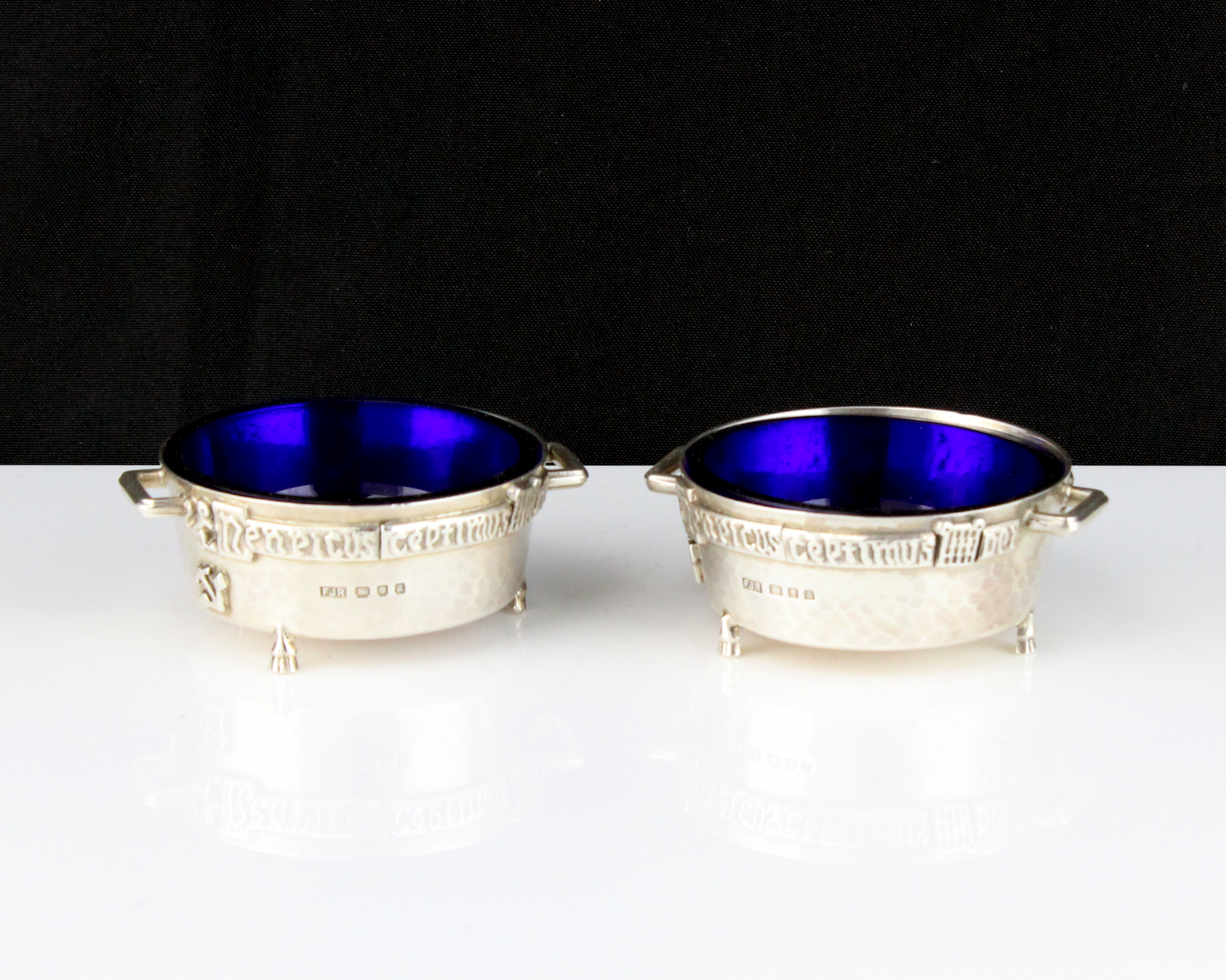 A pair of antique George V Sterling Silver Winchester Bushel salt cellars by F J Ross & Sons, London