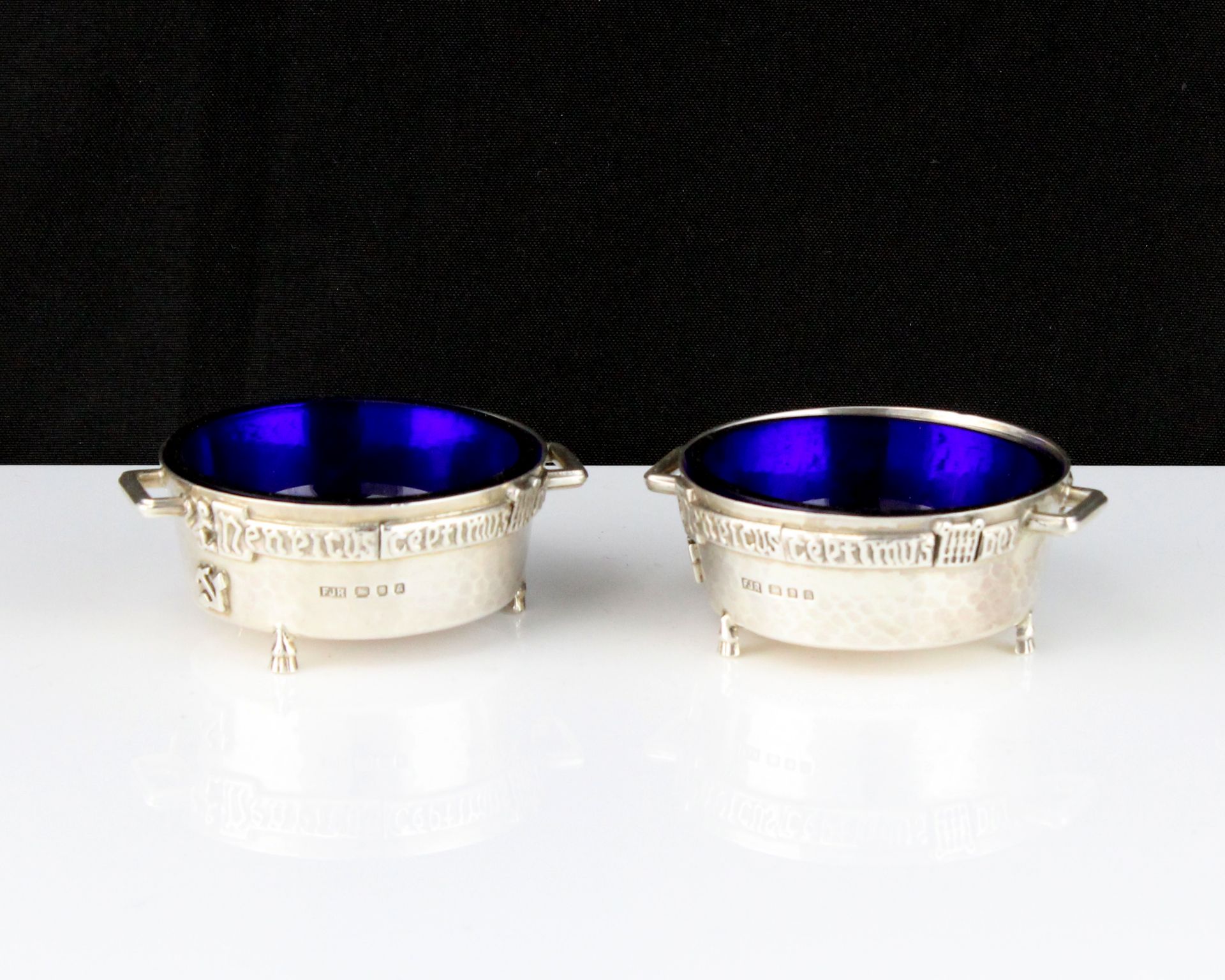 A pair of antique George V Sterling Silver Winchester Bushel salt cellars by F J Ross & Sons, London